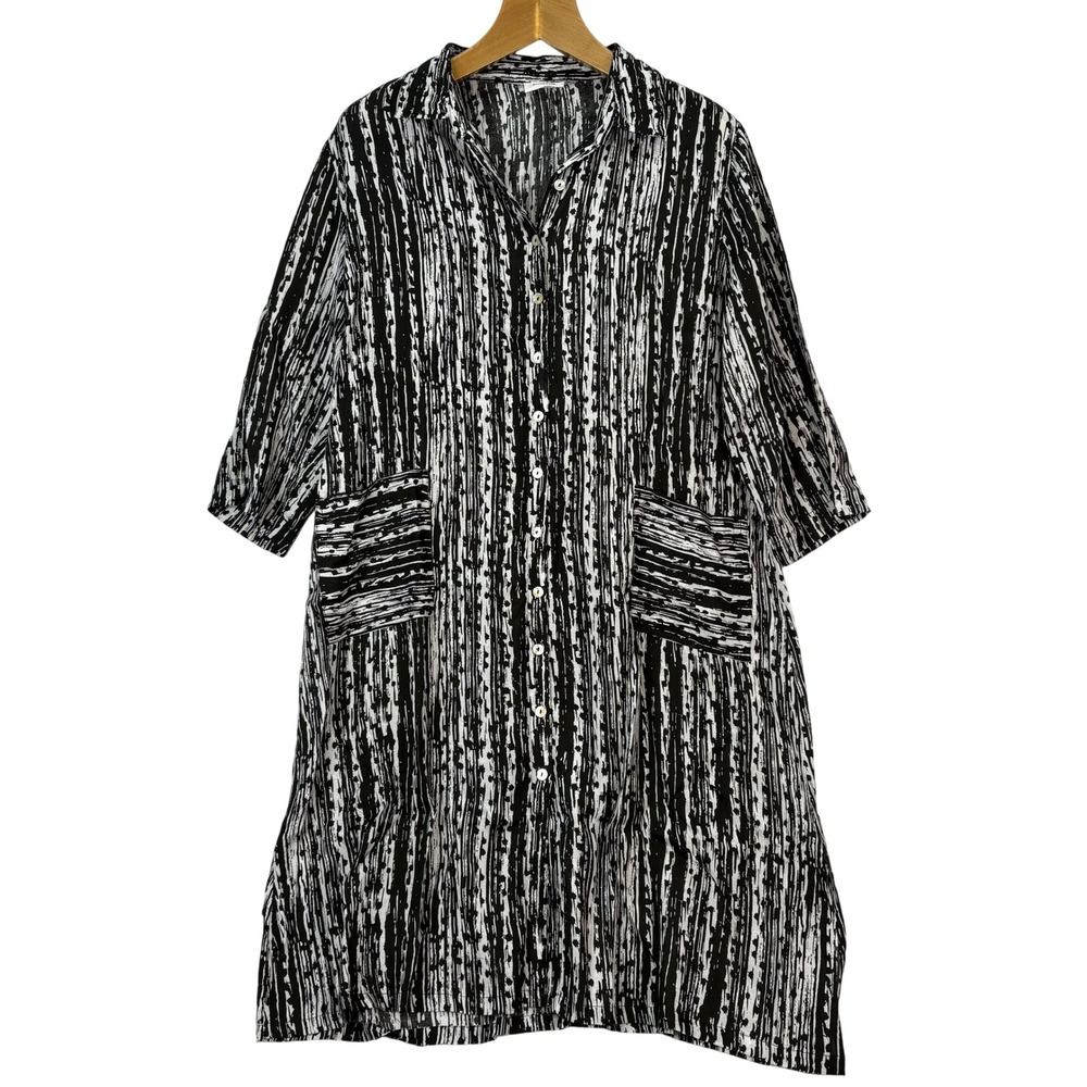 Komil Grafton Black White Abstract Print Shirt Dress Womens L Lagenlook Artsy‎